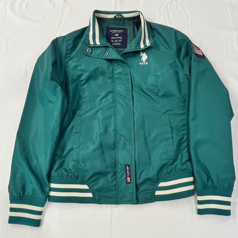 US Polo Assn Green Bomber Jacket Full Zip Embroidered Logo USA Flag Size Medium